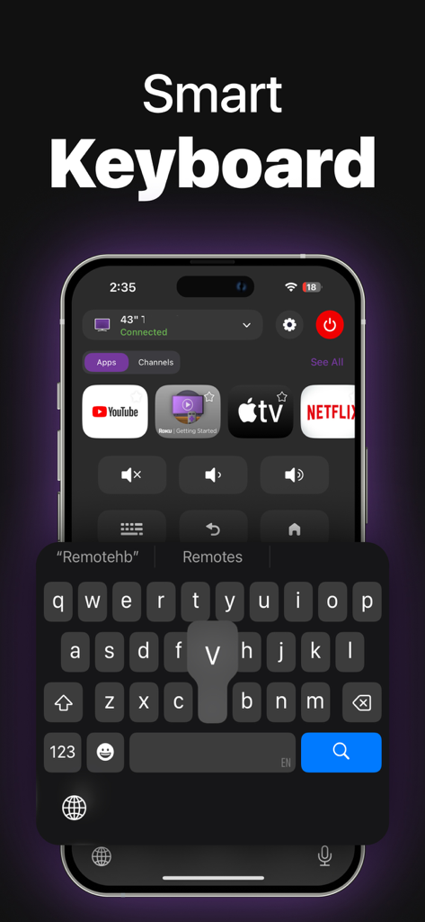 Universal TV Remote App - Función de Teclado Inteligente en la aplicación Universal TV Remote para escribir fácilmente en la TV.