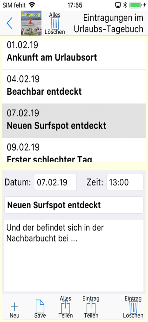 Langeoog App für den Urlaub - Mobile interface of the Langeoog app travel diary showing a list of vacation entries including a discovered surf spot