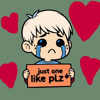 realistic crying boy with a sign saying just one like plz