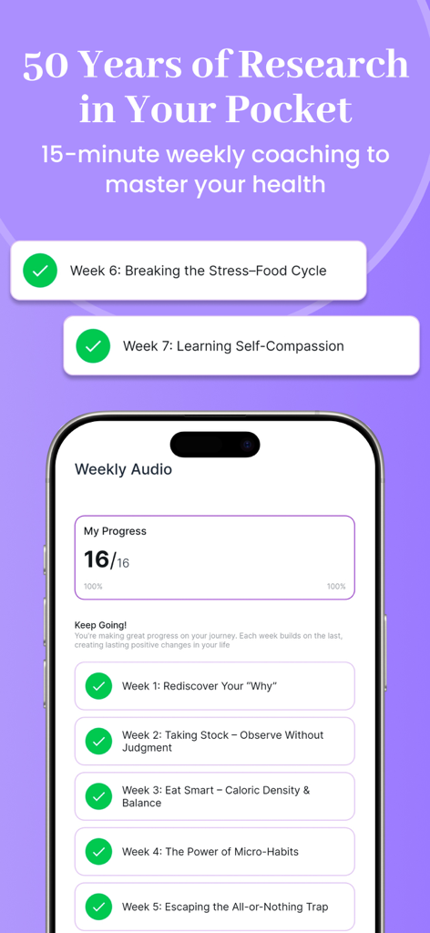 Briom:PCOS weight loss - A mobile interface showing a list of weekly audio coaching sessions for PCOS health and mindset.