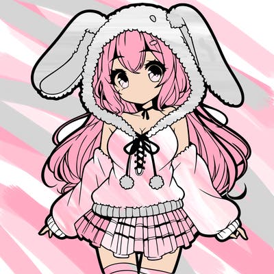 pretty anime girl wearing a fluffy hoodie with bunny ears on the hood and a skirt