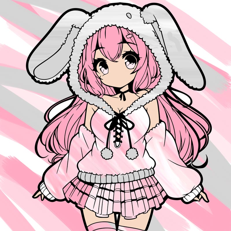 pretty anime girl wearing a fluffy hoodie with bunny ears on the hood and a skirt