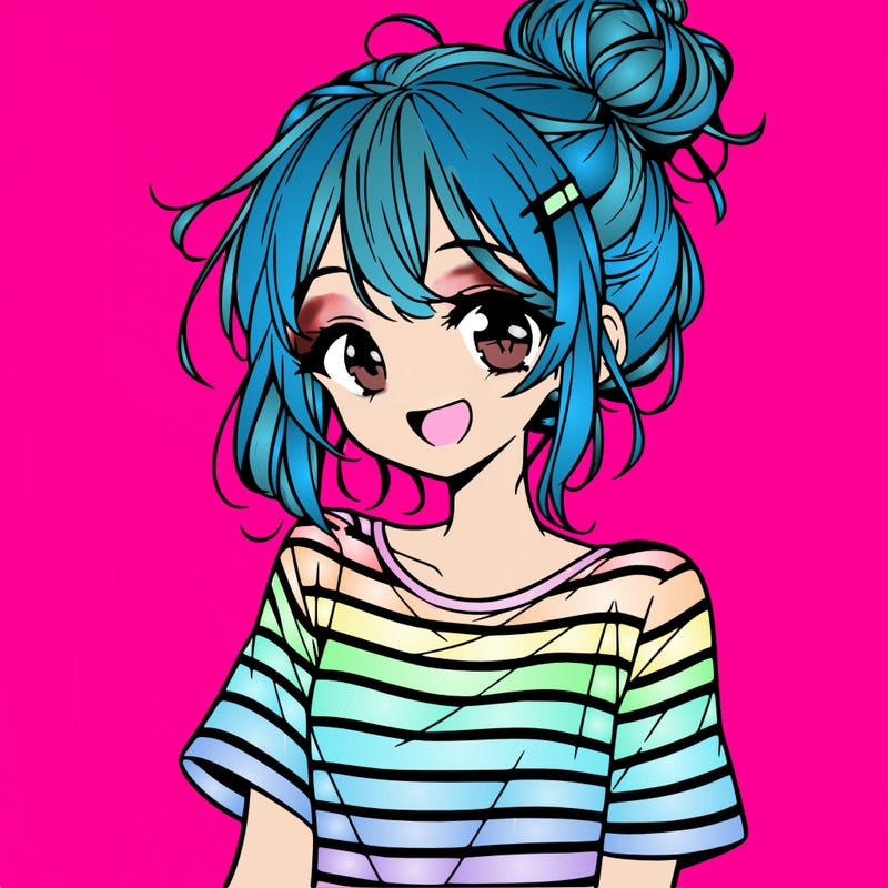 anime girl teenager striped shirt and smile and messy bun