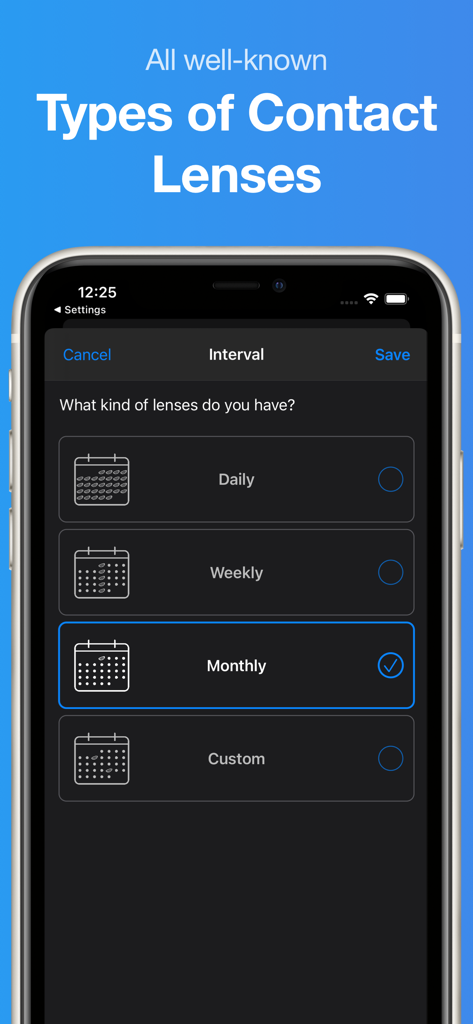 Lensy app screen for choosing between daily weekly or monthly contact lens wear intervals
