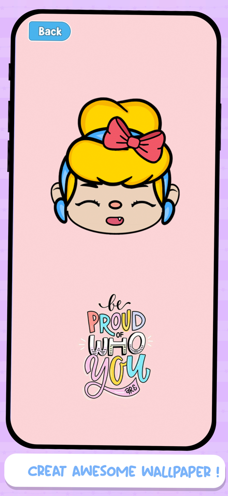 Doll Avatar Maker Plus - Un lindo avatar de muñeca con cabello amarillo y un lazo rosa sobre un fondo rosa con el texto 'siéntete orgulloso de quién eres'