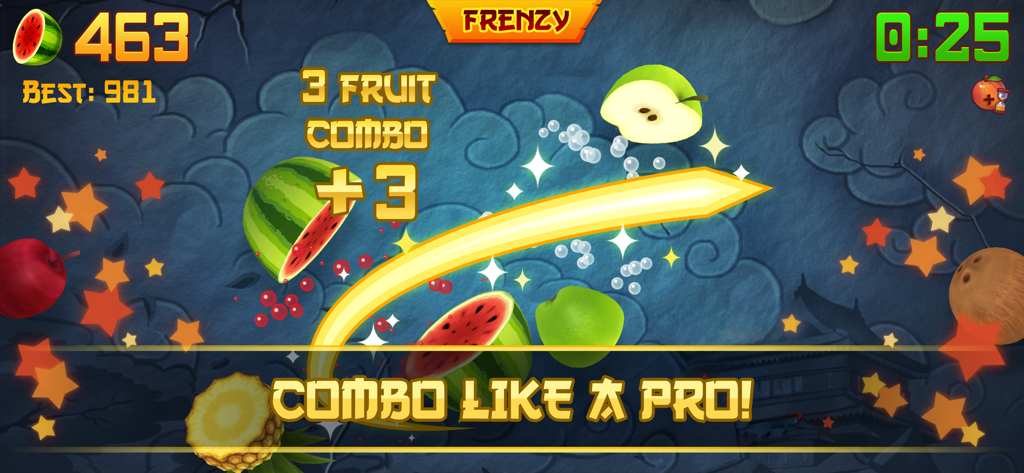Action gameplay of Fruit Ninja showing a golden blade trail slicing through watermelons and apples for a combo