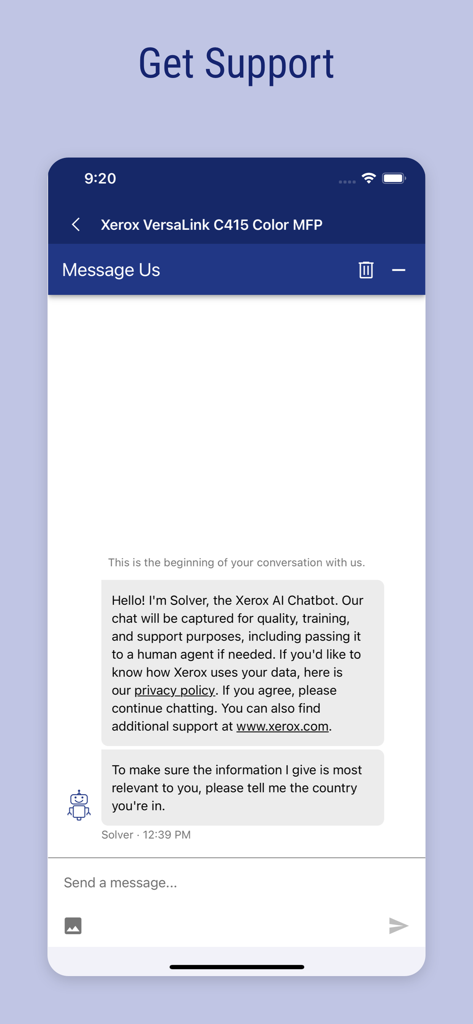 Xerox® Easy Assist - Xerox Easy Assist app support screen showing a chat conversation with Solver the AI Chatbot for printer assistance