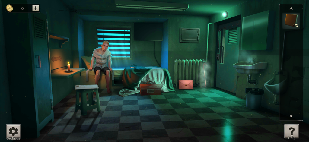 환자와 찾아야 할 숨겨진 물건들이 있는 어두운 정신병원 감방을 보여주는 게임 플레이 장면