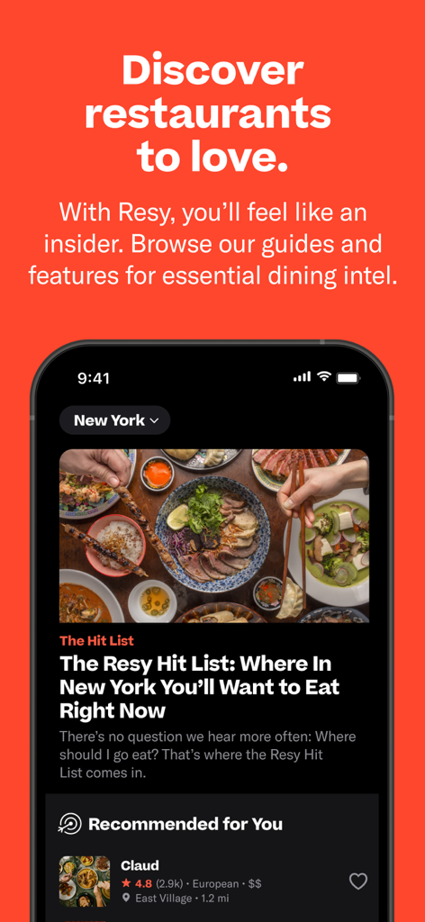 Mobile interface of the Resy app showing curated dining guides and the New York Hit List.