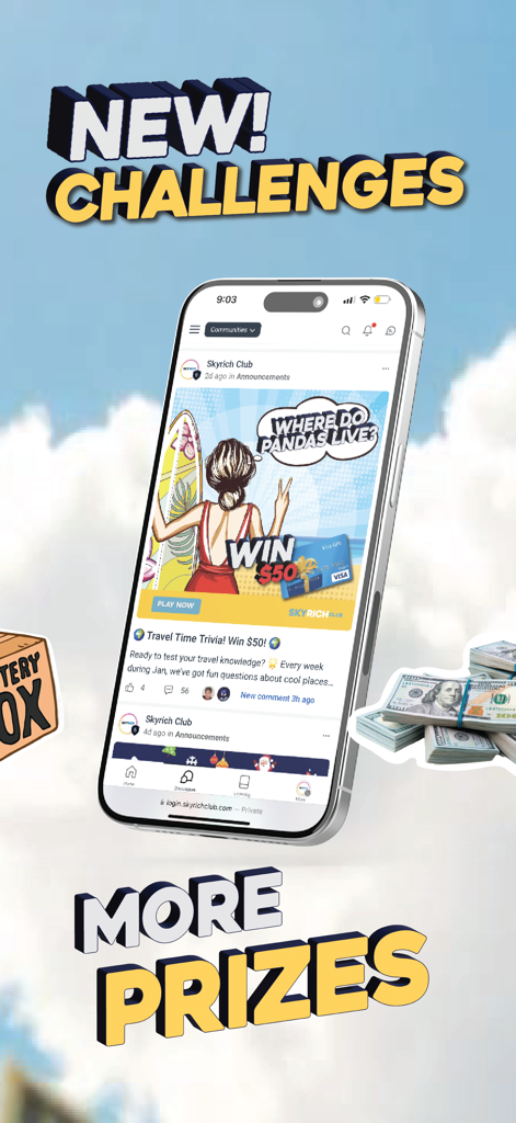 Skyrich Club - Skyrich Club mobile app interface showing a trivia challenge to win a fifty dollar gift card