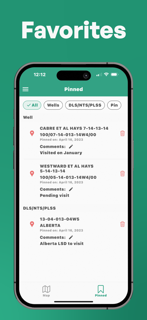 Well Finder - GeoActivity - List of pinned oil wells and land leases in the Well Finder GeoActivity app showing saved locations and user comments.