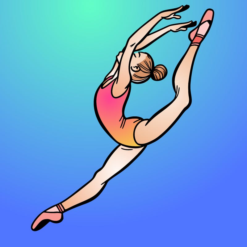 gymnast doing a leap in a leotard with a bent back leg