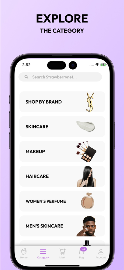 Strawberrynet- Beauty Shopping - Tela de categorias do aplicativo Strawberrynet com opções de cuidados com a pele, maquiagem, cabelos e fragrâncias