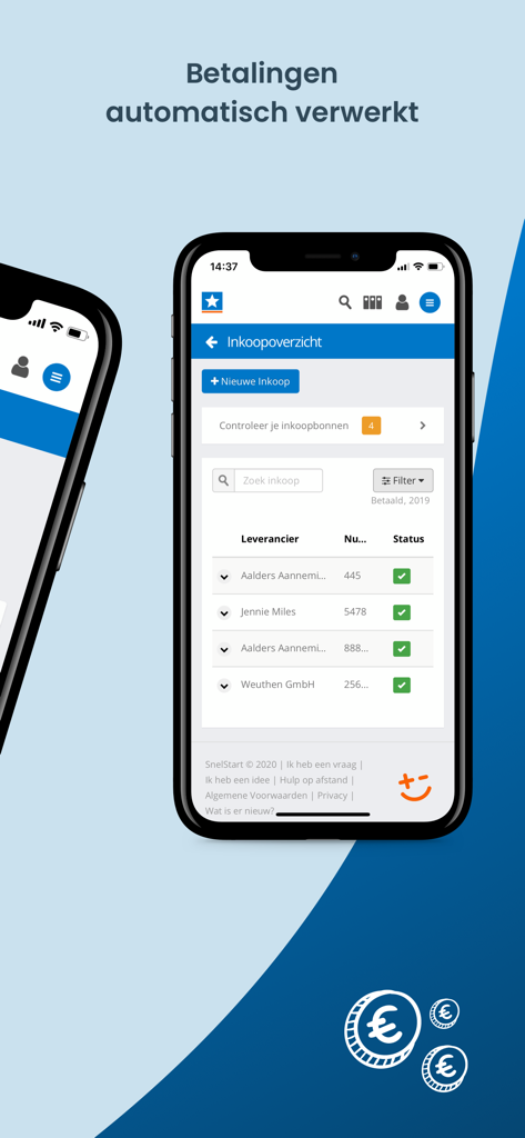 Schermata mobile di SnelStart Boekhouden che mostra l'elenco della panoramica degli acquisti con lo stato dei pagamenti automatizzati