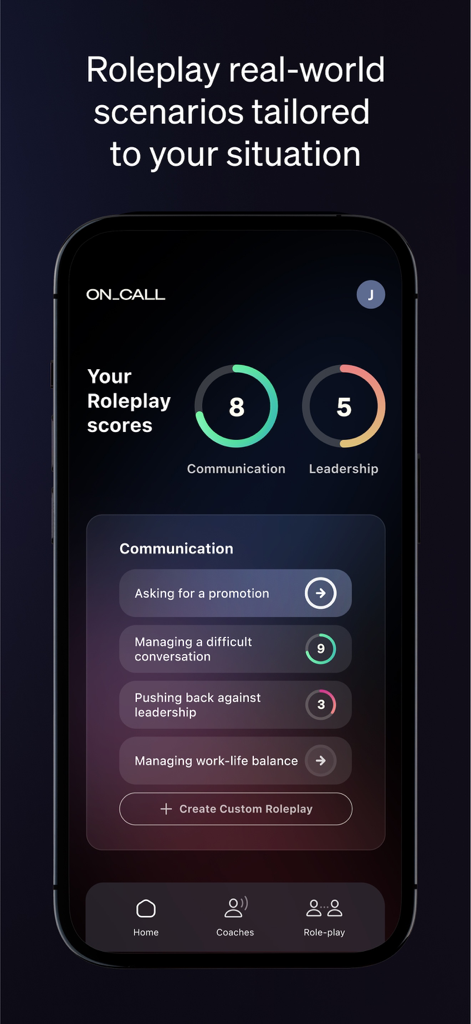MasterClass On Call mobile app interface showing communication and leadership roleplay scores with professional scenario options like asking for a promotion.