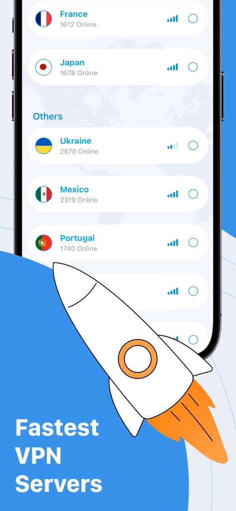 VPN & Ad Blocker for Safari - 프랑스와 일본과 같은 국가와 신호 강도 표시기가 포함된 앱의 전 세계 VPN 서버 위치 목록