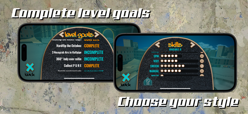 PureSkate 1+2 - Interface of PureSkate 1+2 showing level goals such as trick objectives and a skills customization screen with sliders for vert and manuals.