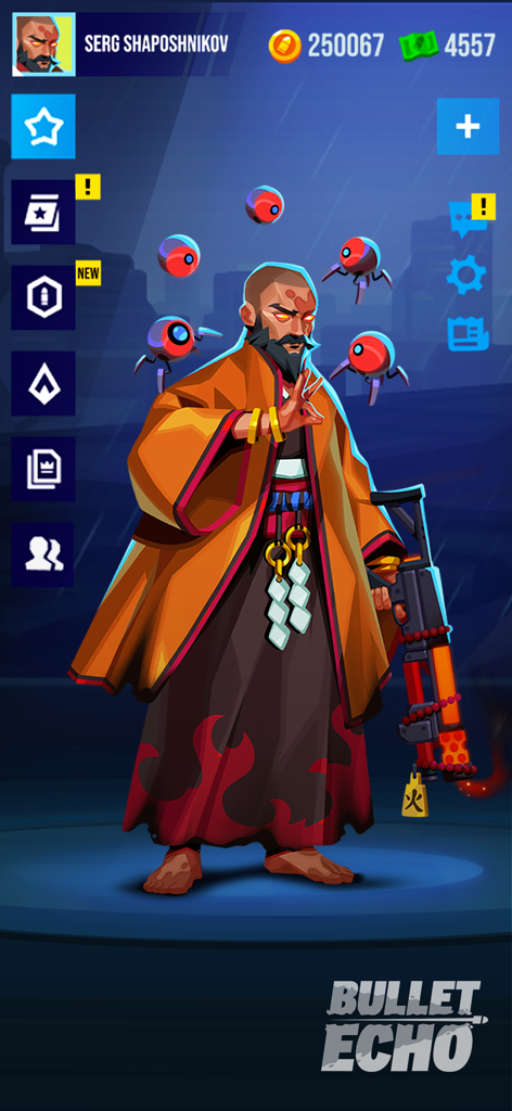 A character profile in the Bullet Echo mobile game showing a tactical hero in an orange robe holding a glowing weapon.