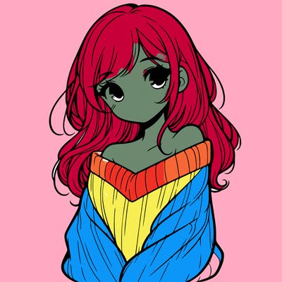 shy pretty girl wearing a sweater that is falling off one shoulder portrait