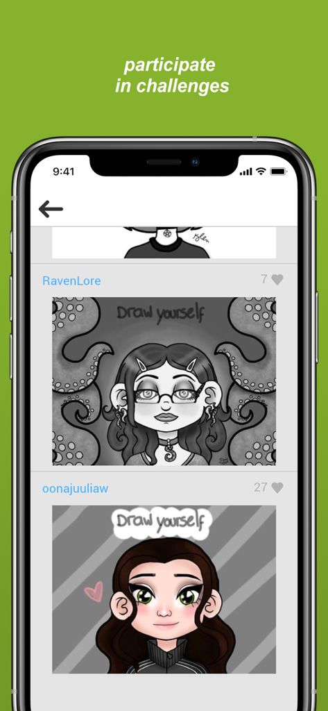 Draw With Me... - Screenshot of Draw With Me app showing community art challenges and user drawings.