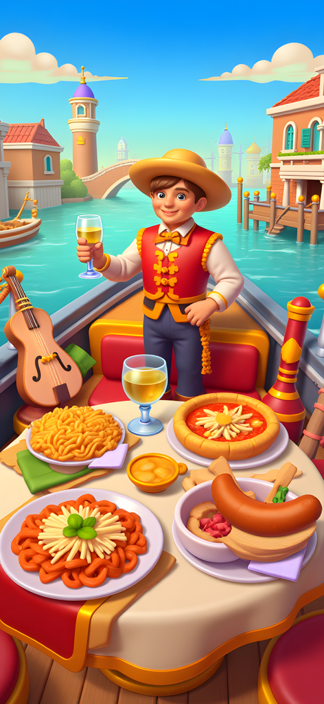 Chef Treat - A chef on a gondola in Venice presenting delicious Italian dishes like pasta and pizza