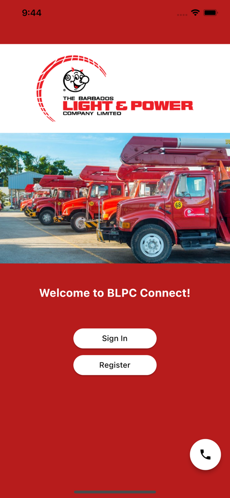 BLPC Connect - Welcome screen of the BLPC Connect app showing utility trucks and login options