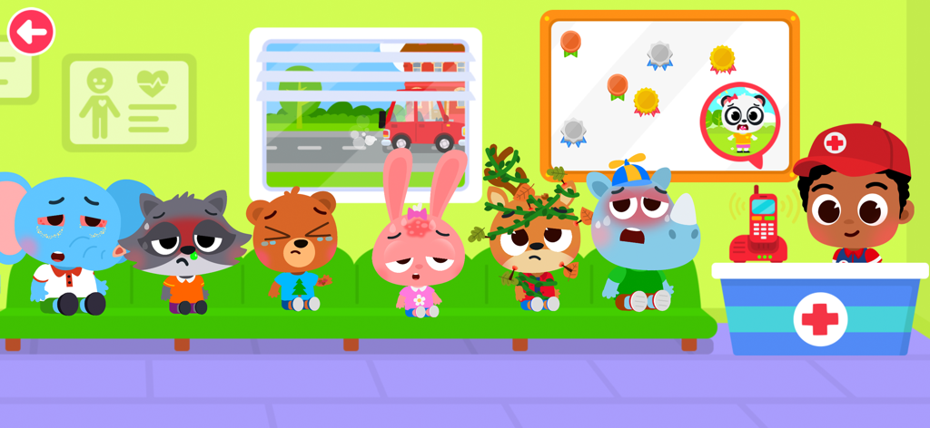 Doctor Kiko - Doctor Kiko en su mostrador de recepción veterinaria con una fila de pacientes animales enfermos esperando tratamiento