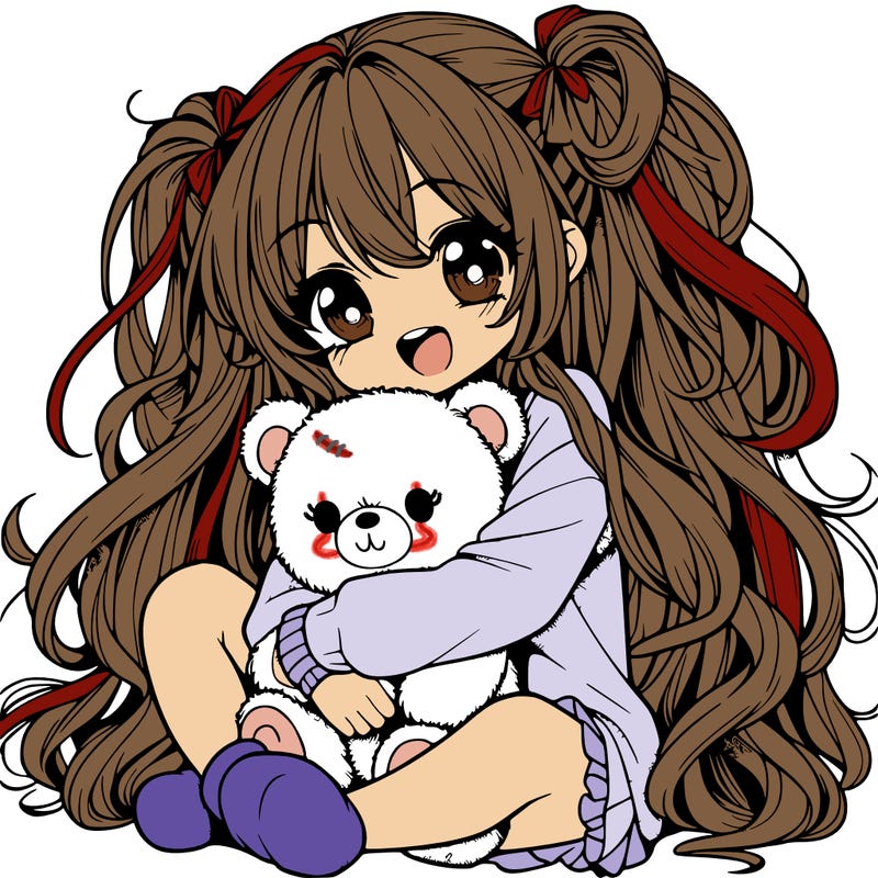 manga girl, long curly hair, happy, cuddling a teddy bear
