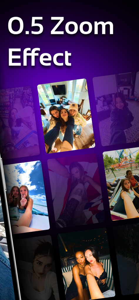 A collage of wide angle 0.5 zoom selfies and lifestyle photos featuring the camera app effect.