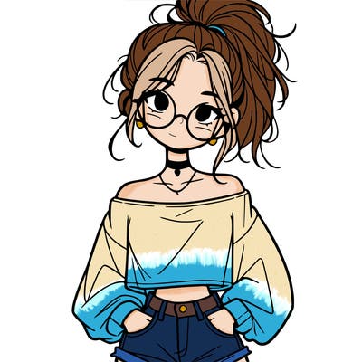 girl with a messy ponytail glasses a baggy crop top and jean shorts