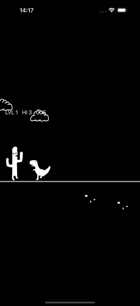 Jogabilidade retrô minimalista de Cactus Run com um cacto e dinossauro brancos em modo escuro