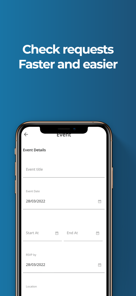 The Simple App - A mobile interface for The Simple App showing an event details form for condominium resident requests.