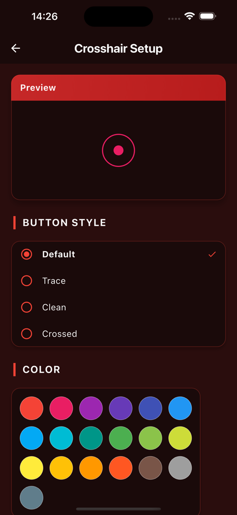 Interface for customizing gaming crosshair styles and colors in the FF4 Tool app