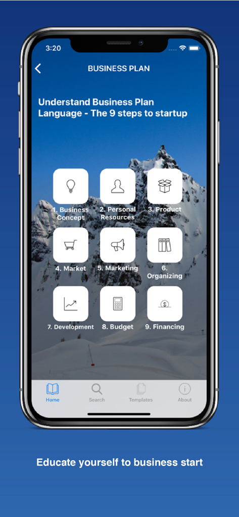 Mobile App-Menü mit neun Schritten zur Unternehmensgründung, einschließlich Konzept und Budget