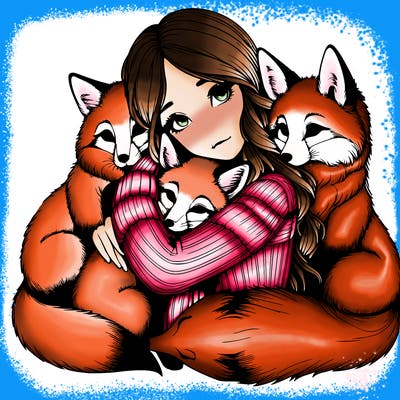 realistic, looking girl hugging, foxes