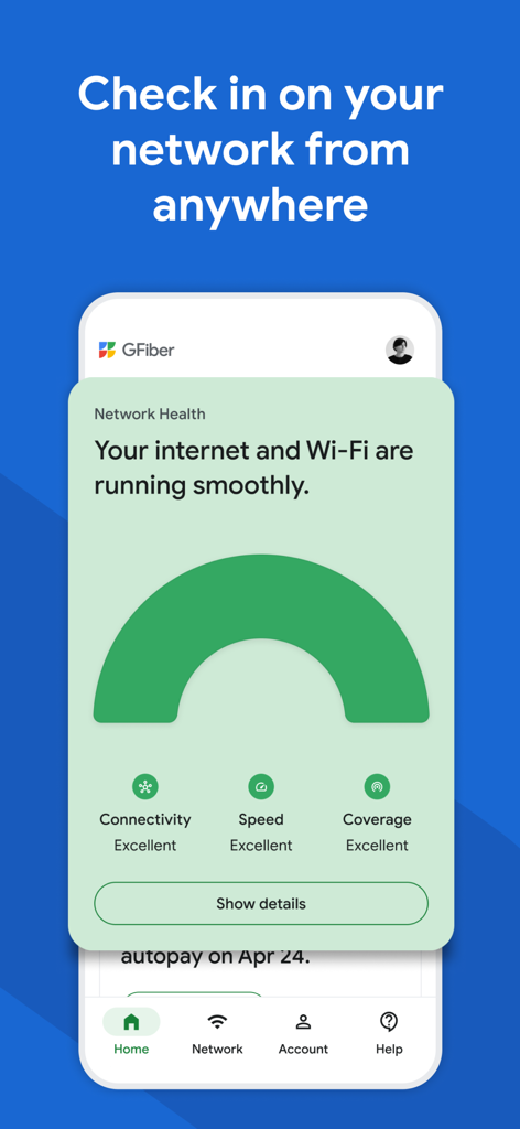 Interface de l'application GFiber montrant une excellente santé du réseau et un état de connectivité