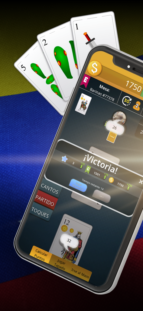 Truco Venezolano - Victory screen of the Truco Venezolano mobile card game app showing Spanish cards over a Venezuelan flag background