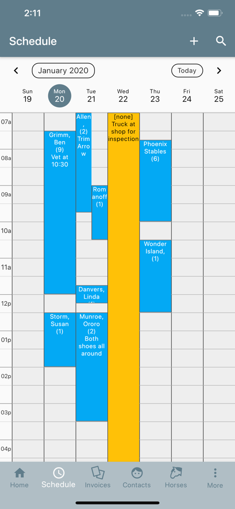 Best Farrier - Weekly calendar interface for farriers to manage horse shoeing appointments and business tasks