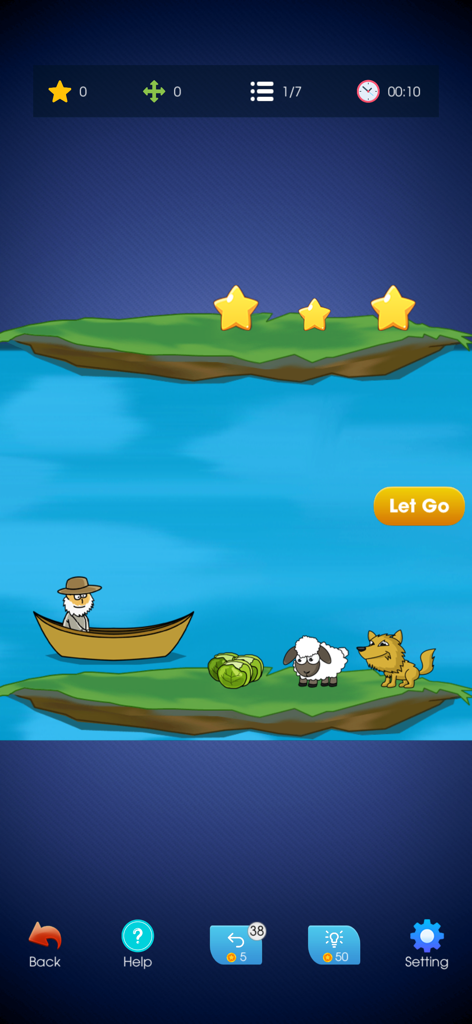 Offline Games - Puzzle Fun - Gameplay screen of the river crossing puzzle featuring a man in a boat, a wolf, a sheep, and a cabbage.