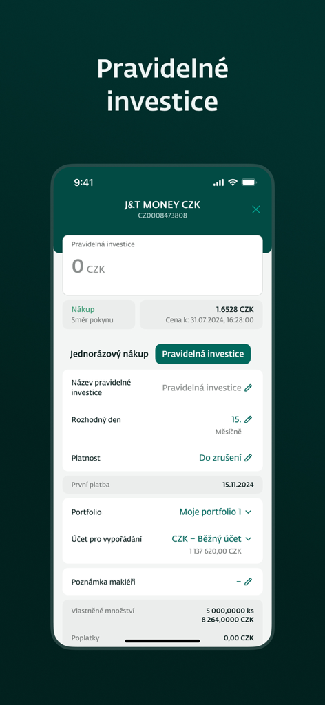 Smartphone screen showing the regular investment setup interface in the J&T Banka mobile application