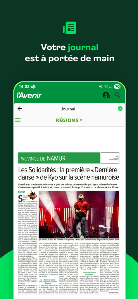 L'Avenir 모바일 뉴스 앱: 벨기에 나뮈르 지역 콘서트에 대한 지역 기사 표시