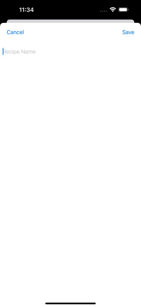 レシピ計算機 - Screen to enter a new recipe name with Save and Cancel buttons