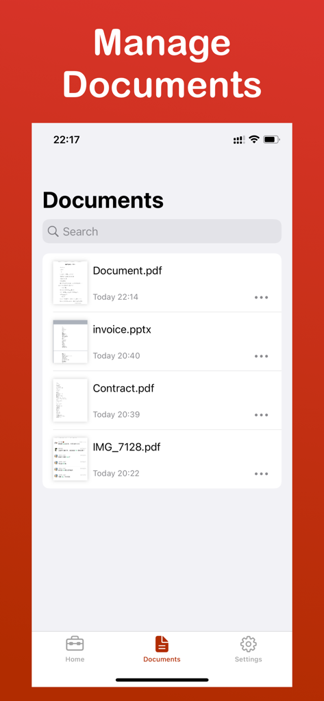 PDF converter app document management screen showing a list of files like pdf and pptx