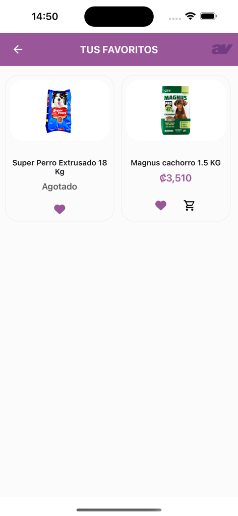 Dos Pinos APP - Pantalla de favoritos en la app Dos Pinos mostrando productos de comida para mascotas