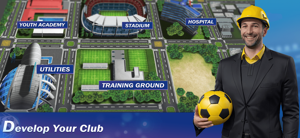 Eine Draufsicht auf verschiedene Clubanlagen wie das Stadion, den Trainingsplatz und das Krankenhaus mit einem Fußballmanager-Charakter, der einen Ball hält.