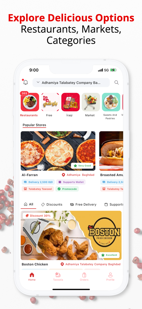 The home screen of the Talabatey food delivery app displaying various restaurant categories and popular local stores in Baghdad