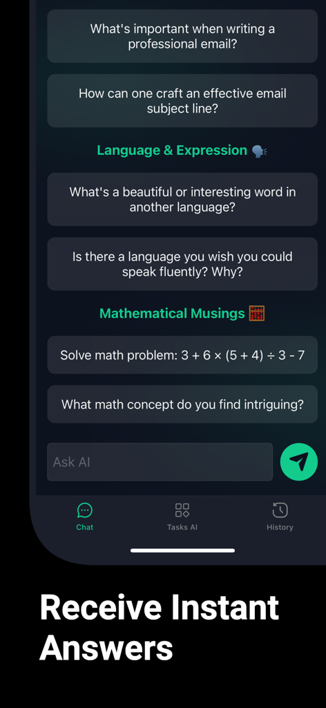 Interfaccia dell'app AI Gimini che mostra opzioni di chat per risolvere problemi di matematica e scrittura professionale.
