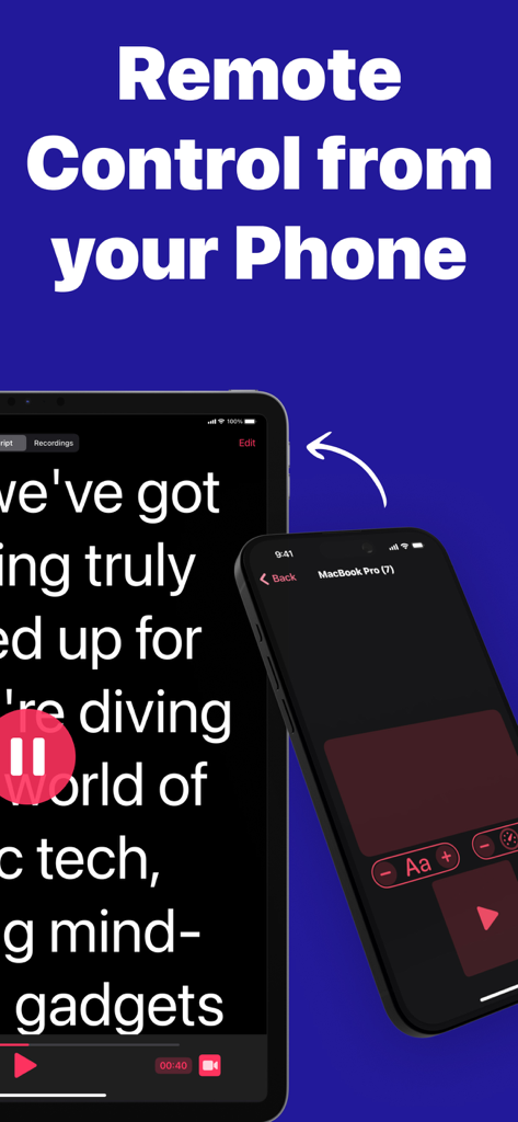 Smartphone utilizado como control remoto para gestionar un guion desplazable en una pantalla de dispositivo más grande