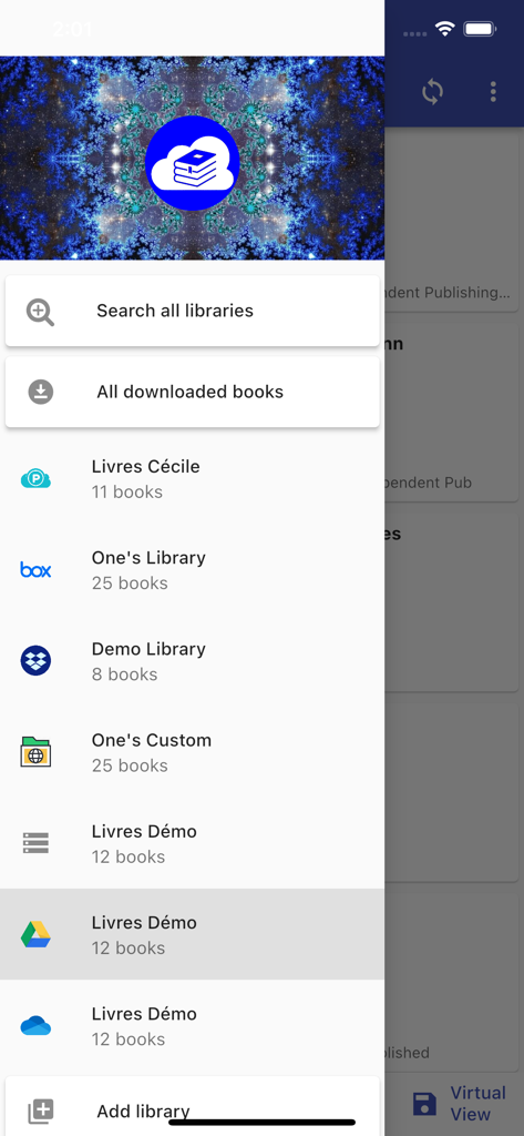 Calibre Sync - Sidebar menu in Calibre Sync app showing connected cloud libraries including Google Drive and Dropbox