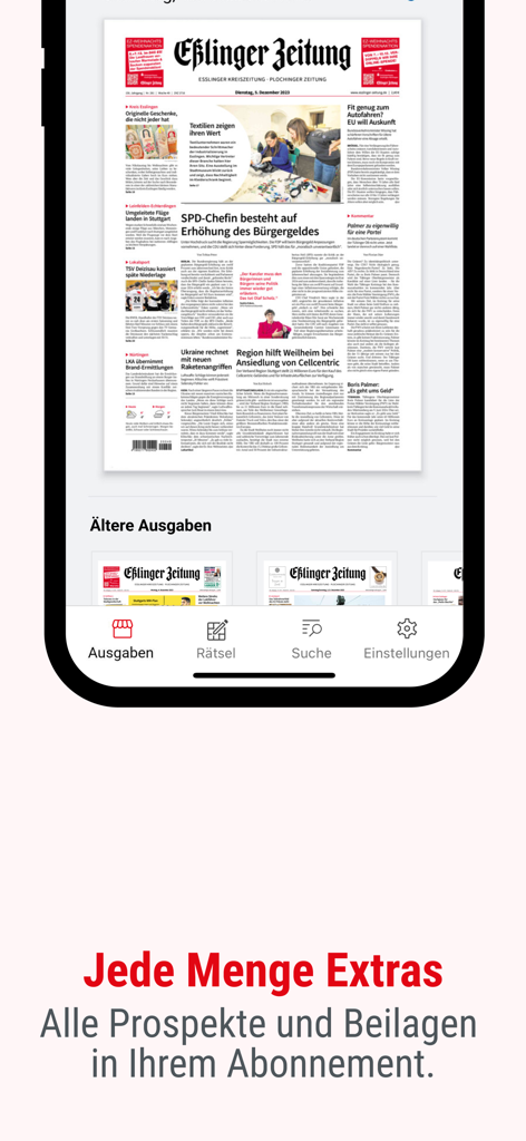 Oberfläche der Eßlinger Zeitung E-Paper-App, die die digitale Zeitungs-Titelseite und das Navigationsmenü anzeigt.